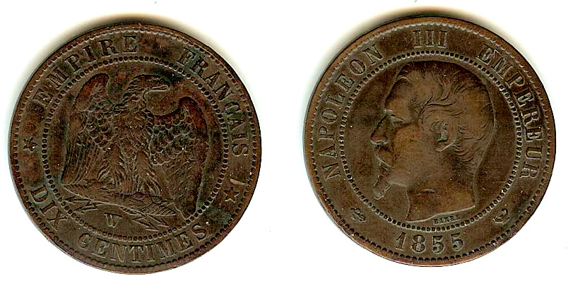Dix centimes Napoléon III, tête nue 1855 Lille TB+ à TTB